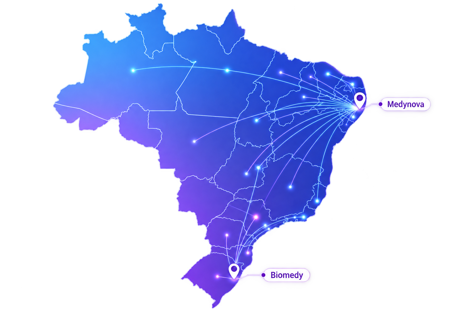 Mapa de atuação da Medynova e Biomedy no Brasil